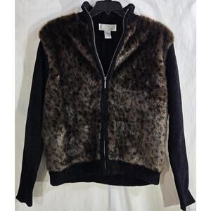 Lisa International Heavy Black Knit Sweater with Faux Fur Leopard Print Size L